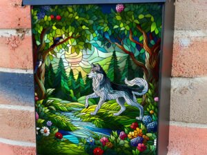 Stained Glass Husky in the Woods Colonial Mailbox Cover