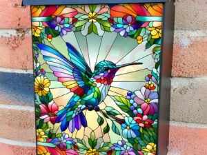 Stained Glass Hummingbird with Flowers Colonial Mailbox Cover