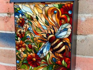 Stained Glass Honeybee and Flowers Colonial Mailbox Cover