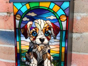 Stained Glass Summer Puppy Colonial Mailbox Cover