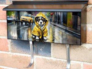 Puppy in Yellow Raincoat Townhouse Mailbox Cover
