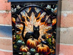 Stained Glass Halloween Cat 2 Colonial Mailbox Cover