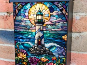 Stained Glass Lighthouse and Flowers Colonial Mailbox Cover