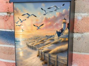 Seaside Cottages and Seagulls Colonial Mailbox Cover