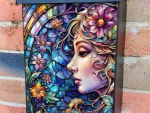 Stained Glass Girl and Flowers Colonial Mailbox Cover