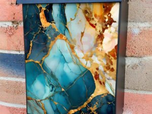 Gold and Teal Marble Design Colonial Mailbox Cover