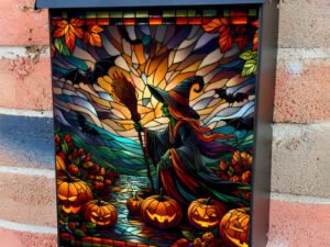 Stained Glass Halloween Witch 2 Colonial Mailbox Cover