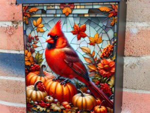 Stained Glass Autumn Cardinal Colonial Mailbox Cover