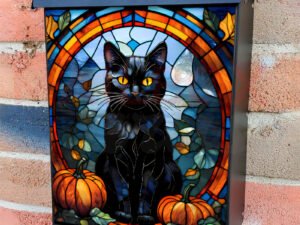 Stained Glass Autumn Cat and Pumpkins Colonial Mailbox Cover