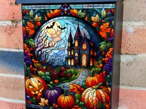 Stained Glass Halloween Haunted House Colonial Mailbox Cover