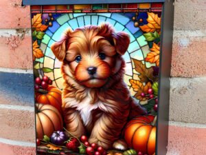 Stained Glass Autumn Puppy Colonial Mailbox Cover