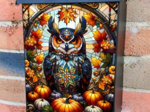 Stained Glass Thanksgiving Owl Colonial Mailbox Cover