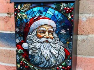 Stained Glass Santa Portrait Colonial Mailbox Cover