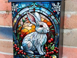 Stained Glass Christmas Bunny Colonial Mailbox Cover