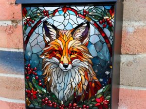 Stained Glass Christmas Fox and Flowers Colonial Mailbox Cover