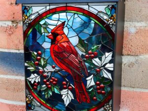 Stained Glass Winter Cardinal Colonial Mailbox Cover