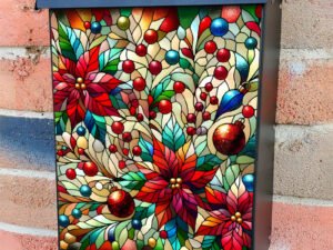 Stained Glass Christmas Poinsettias and Berries Colonial Mailbox Cover