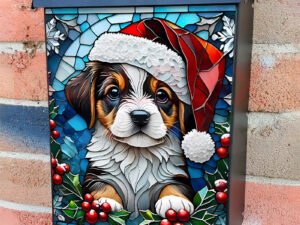 Stained Glass Christmas Puppy Colonial Mailbox Cover