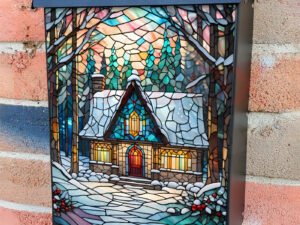 Stained Glass Christmas Cottage in the Wood Colonial Mailbox Cover