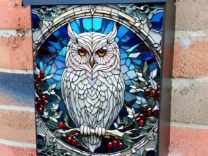 Stained Glass White Owl Colonial Mailbox Cover