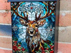Stained Glass Christmas Deer Colonial Mailbox Cover