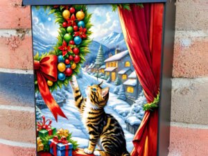 Christmas Wreath and Kitten Colonial Mailbox Cover