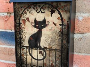 Whimsical Cat on the Fence Colonial Mailbox Cover