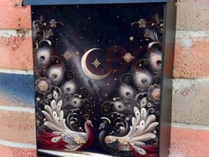 Red and Blue Peacock Couple Colonial Mailbox Cover